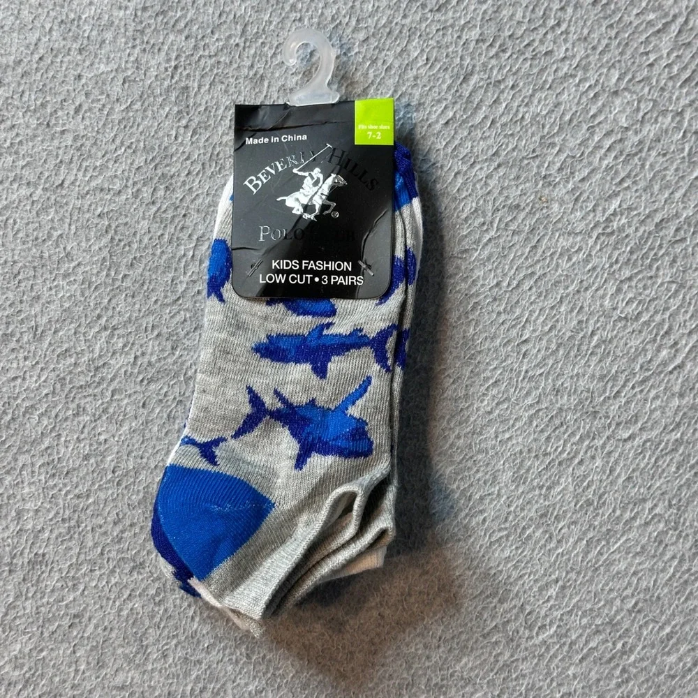 Beverly Hills Polo Club Socks Kids 7-2 Blue Shark Plaid Low Cut 3 Pairs NWT